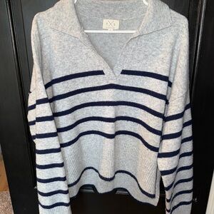 Thread & Supply Gray and Navy Striped V-Neck Sweater